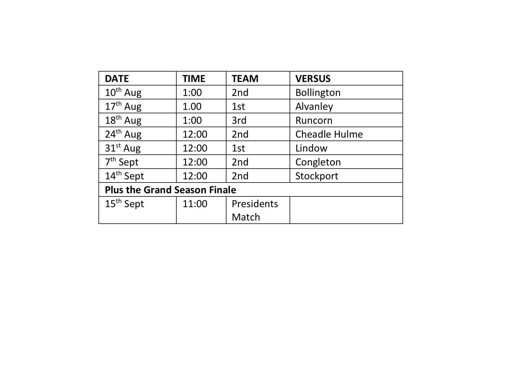 Tattenhall Online - Village Cricket at the Flacca - Fixture List